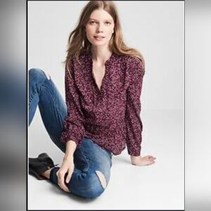 GAP Blouse XS Purple Abstract Floral Print Peplum Split Neck Top Boho Y2K
